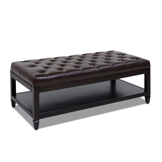 Sylvan Farmhouse Tufted Cocktail Storage Ottoman Vintage Brown Faux Leather