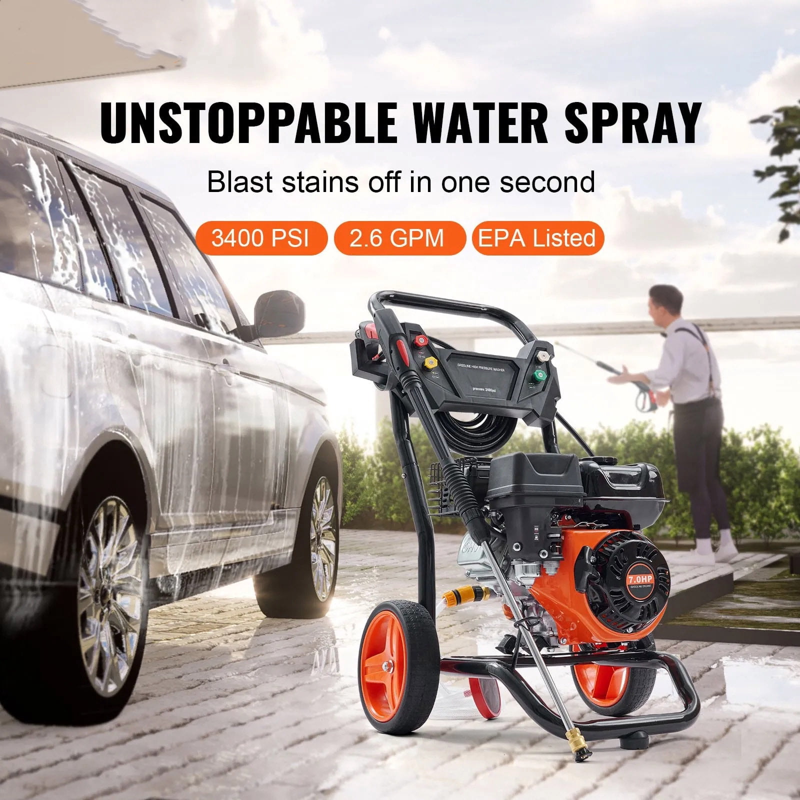 3400PSI Gas Pressure Washer w/26 ft High Pressure Hose, 210cc Engine 2.6GPM 5 Quick-Adjustable Nozzles for Cars Gardens