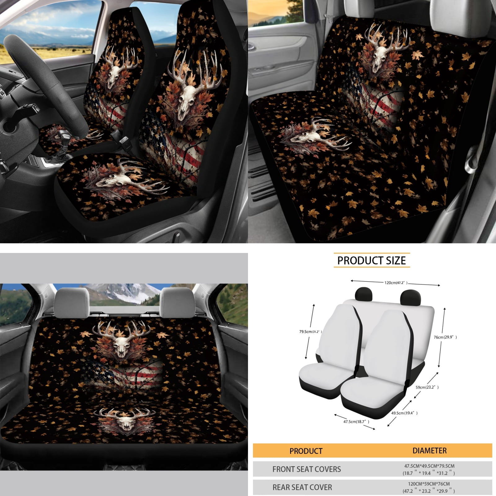 Yuyamidu Deer Car Seat Covers Full Set with Steering Wheel Cover Seat Belt Strap Pads American Flag Gear Shift Cover Hand Brake Cover Sun Visor Car Coasters Rearview Mirror Cover Keychain 16 PCS