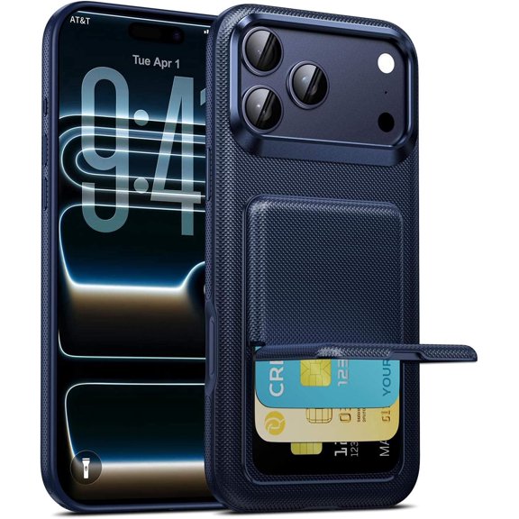 2-in-1 Wallet Card Holder Phone Case with Hidden Kickstand and Shockproof Protection for iPhone 17 Pro, Blue
