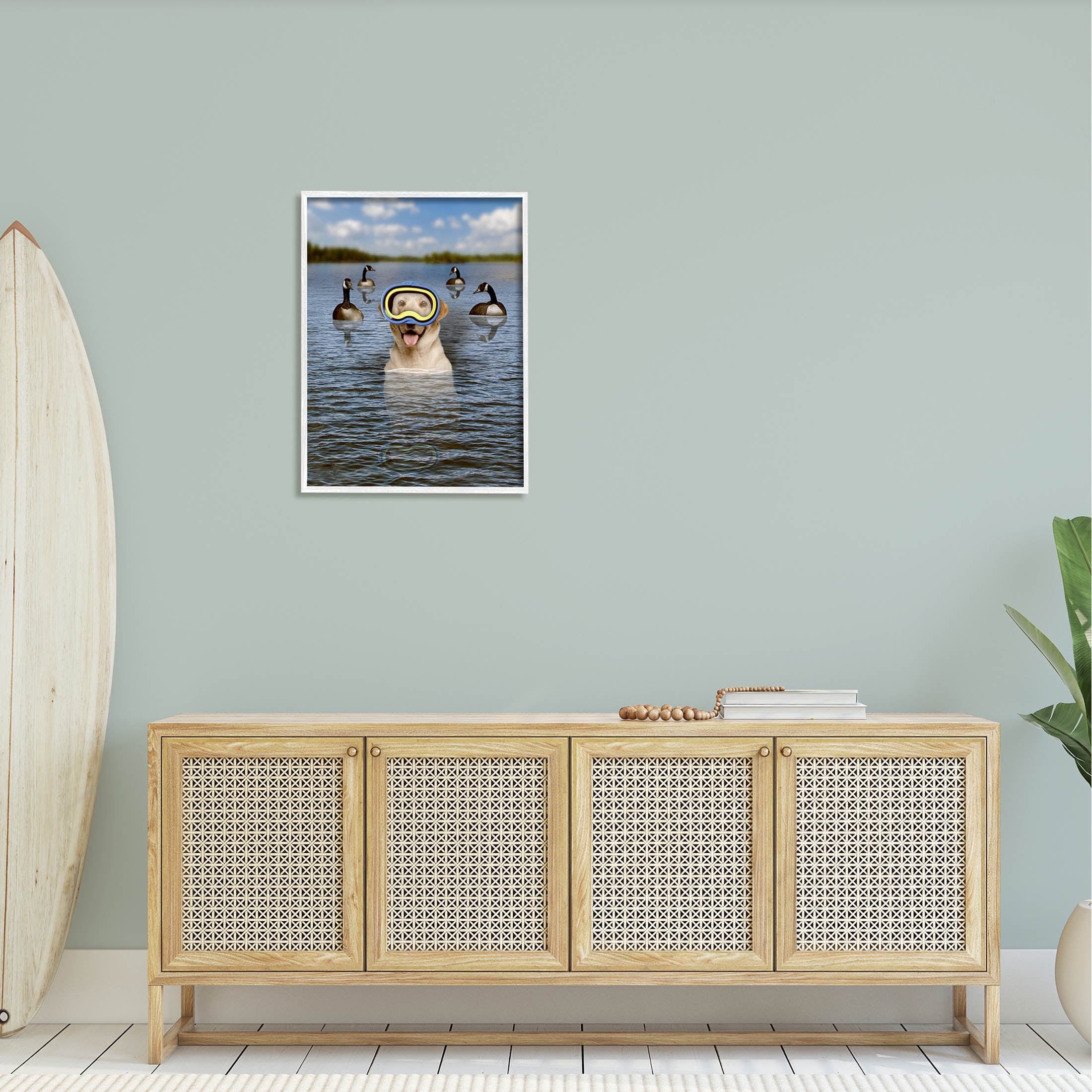 Funny Dog Goggles Swimming Bay Animals & Insects Graphic Art White Framed Art Print Wall Art