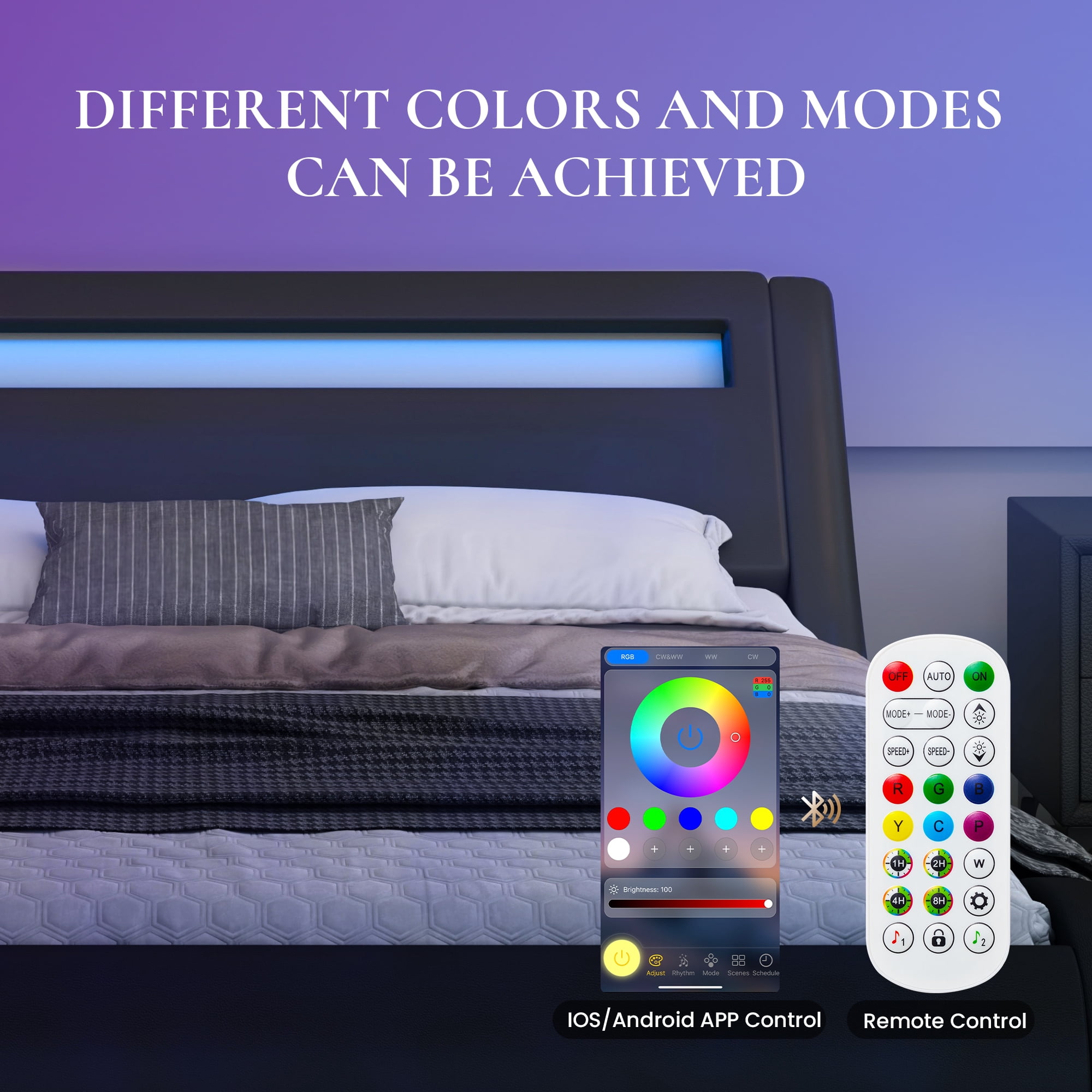 Sha Cerlin King Size Wave-Like Curve PU Leather Platform Bed Frame with Adjustable Headboard and LED Lights, Dark Grey