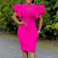 thumbnail image 3 of AURA Women’s Beaded Bodycon Midi Dress Ruffle Short Sleeves Half High Neck Zipper Solid Color S-5XL, 3 of 7