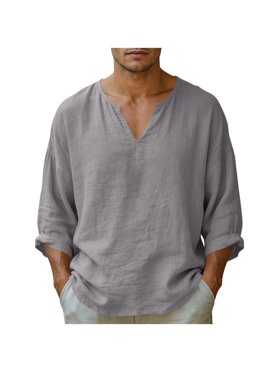 Men's Solid Color Cotton-Linen Blend Long Sleeve Notched V-Neck T-Shirt Regular Fit Casual Summer Daily Wear Layering Top Gray M