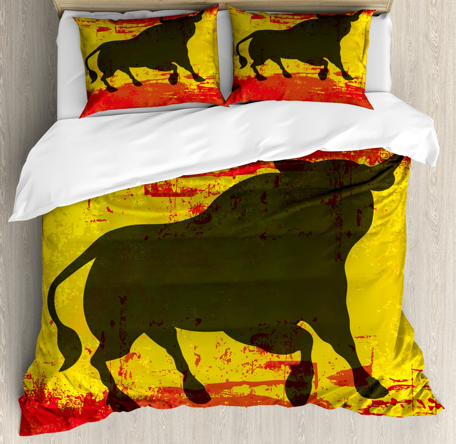 Spanish Duvet Cover Set Queen Size, Bull Silhouette on Spanish Flag