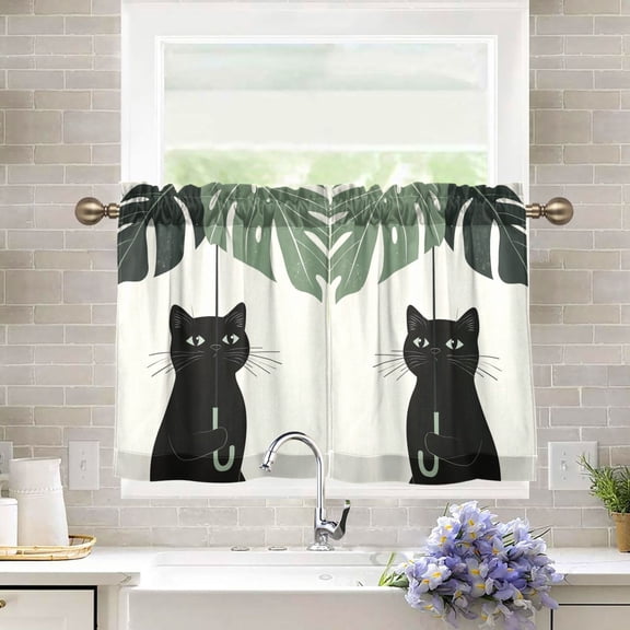 Yayeee Kitchen Curtains Tier Pair Light Filtering 27"x36" Rod Pocket Short Cafe Window Panel, Black Cat Umbrella