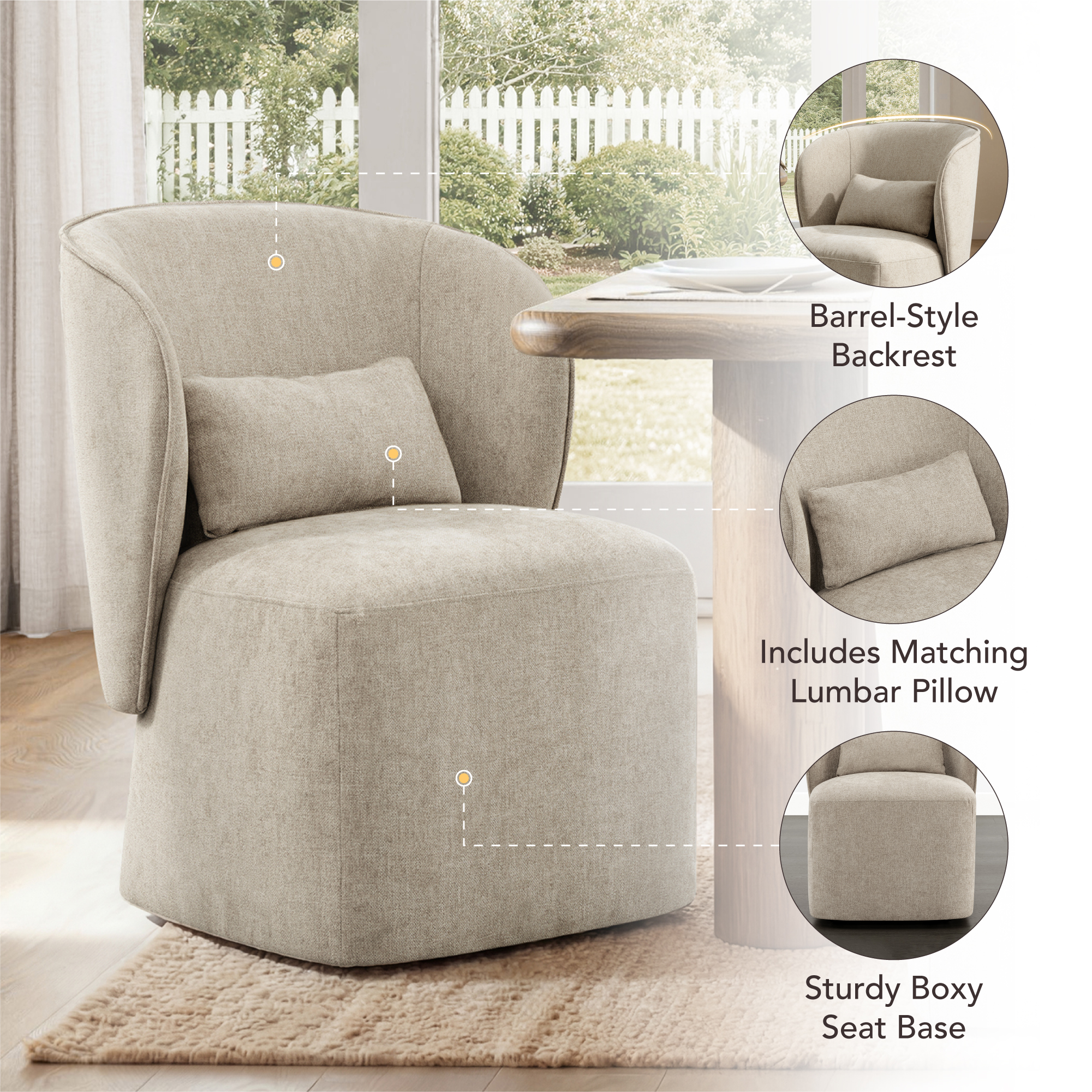 Spruce & Spring Rolling Dining Chairs, Spill-Proof & Stain Resistant Barrel Armchair with Casters, Modern Upholstered Seat and Removable Back Support Pillow for Kitchen Living Room, Khaki