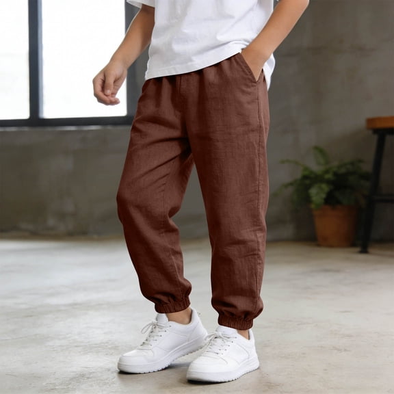 5-6T Boys Pants Joggers Boys Cotton Linen Pants Summer Casual Elastic Waist Drawstring Beach Yoga Trousers with Pockets Uniform Pants 5-14Y