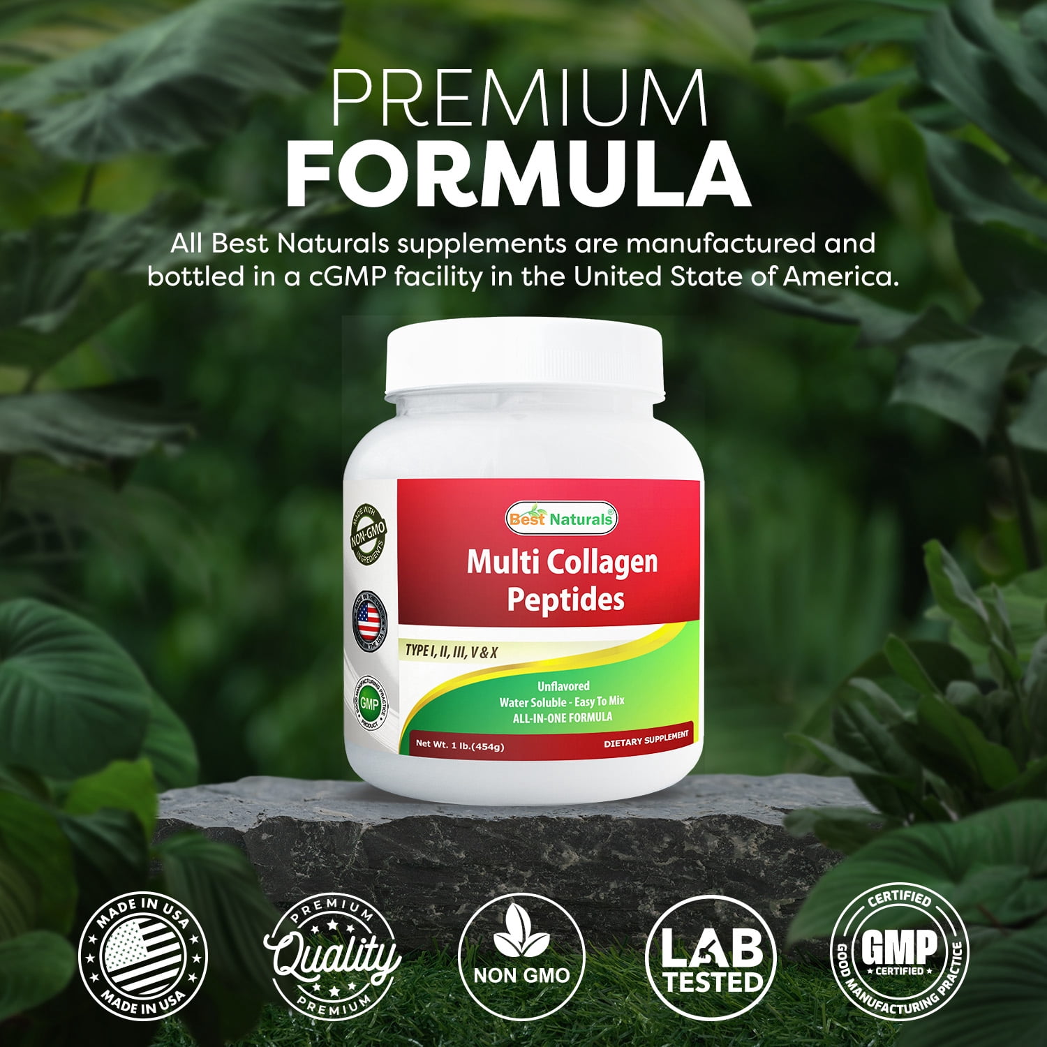 Best Naturals Multiple Collagen Peptides Protein Unflavored - Grass Fed, Type I, II, III, V, X - 1 lb