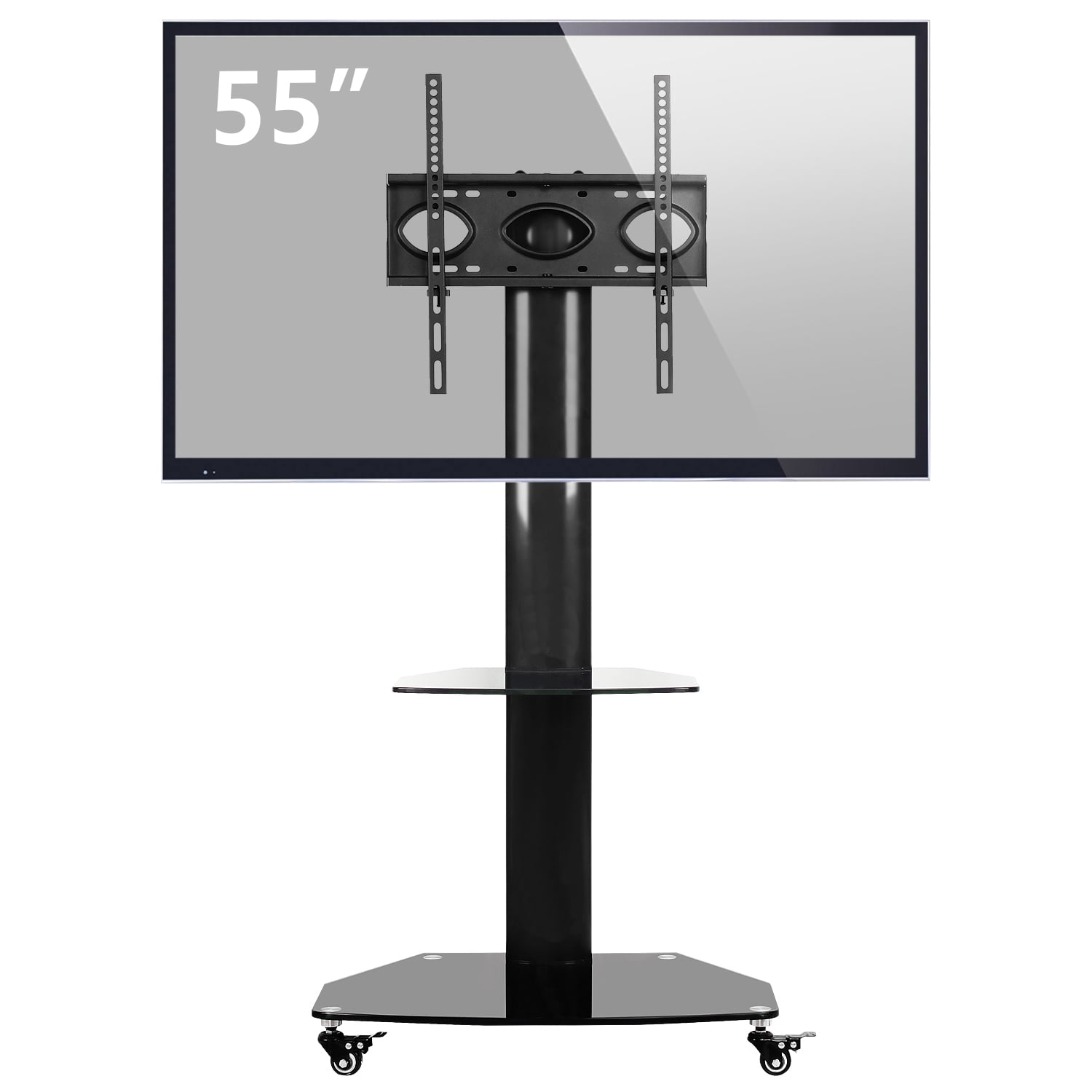 Modern Black Mobile TV Stand for TVs up to 55 inch Glass Shelf Black