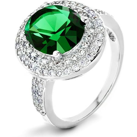 ELYA Sterling Silver Emerald Green Oval CZ Double Halo Ring