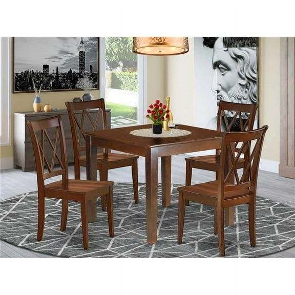 36 in. Oxford Round Table & 4 Double X Back Chairs - Mahogany, 5 Piece
