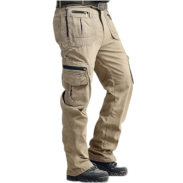 Men's 9-Pocket Tactical Cargo Work Pants - Ripstop Cotton Relaxed Fit Construction Trousers, Zip Fly Button Closure & Elastic Waist for Work/Hiking/Casual