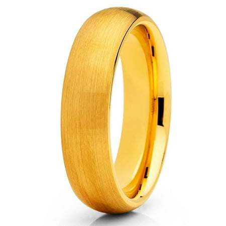 - 5mm Tungsten Wedding Band 18K Yellow Gold Tungsten Ring Tungsten Carbide Ring Brushed Dome Comfort Fit Men Women 9.5