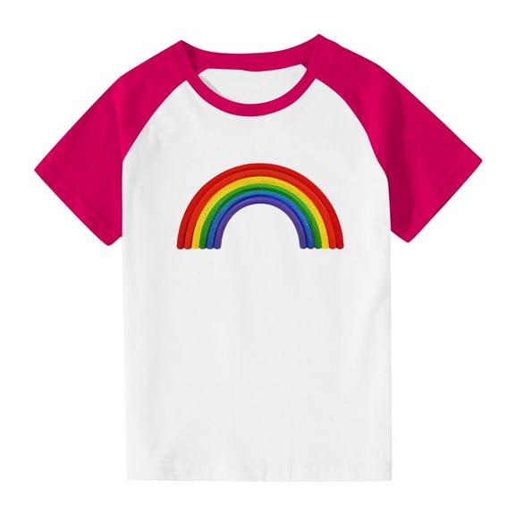 Kids Rainbow Short Sleeve T Shirts Girls Boys Round Neck Summer Teenage Tshirts Fashion Graphic Cute Casual Jogging Athletic School Children Tunic Tops Age 3-13 Years Hot Pink 13-14 Years