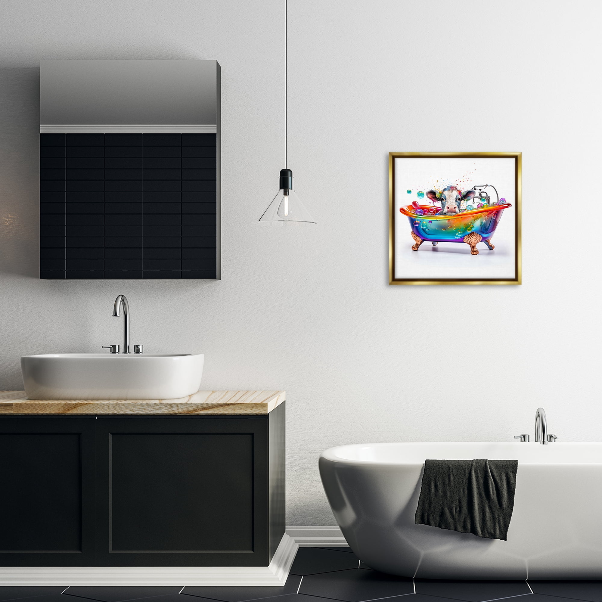 Stupell Industries Cow in Rainbow Bath Typography Painting Gold Floater Framed Canvas Art Print Wall Art, 18 x 18