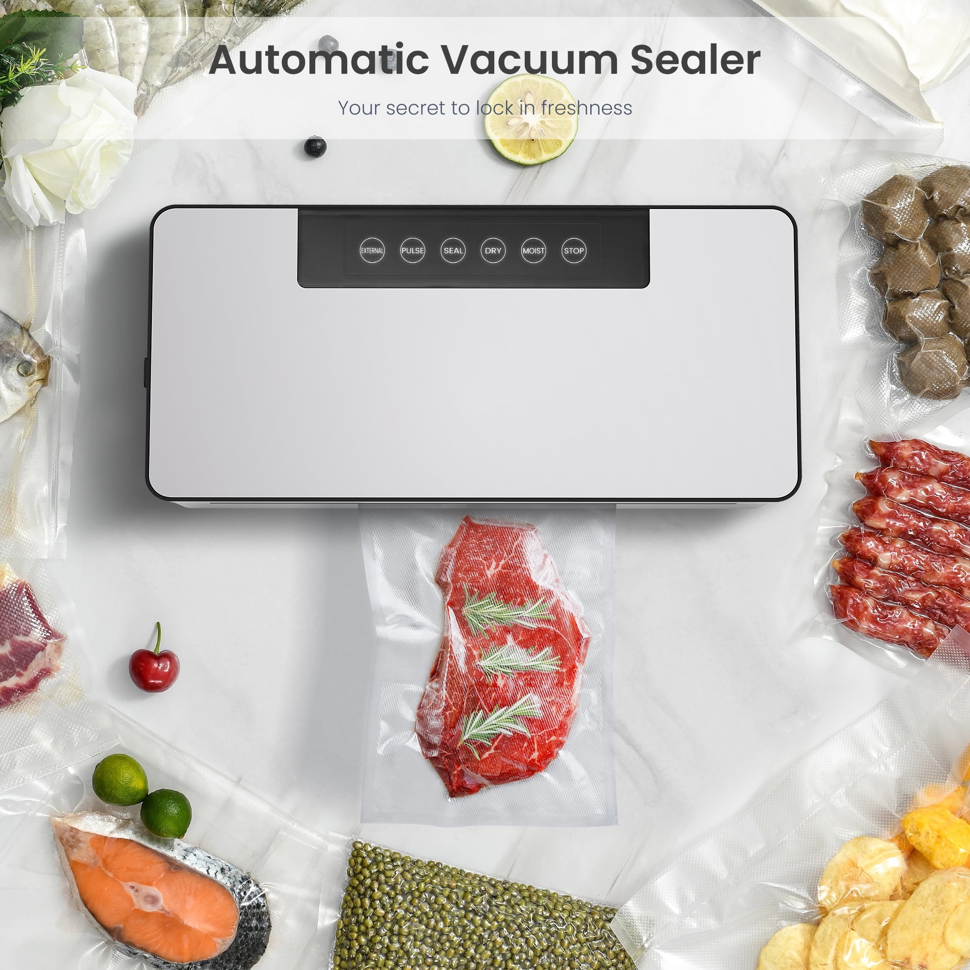 Naipo Vacuum Sealer Machine,Automatic Air Sealing System for Dry & Moist Foods, Powerful 90Kpa Precision 6-in-1 Compact Food Preservation System with Air Hose & Low-Noise(Silver)