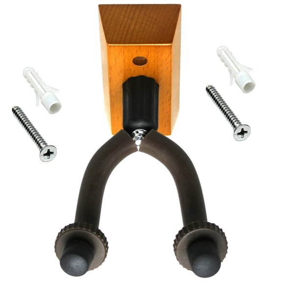 BlueDot Trading Universal Wall Electric, Acoustic Classical, Banjo, Mandolin, Ukulele and Base Guitar Holder Attractive Cherry Color Stained Wood Base ~ Hardware Included