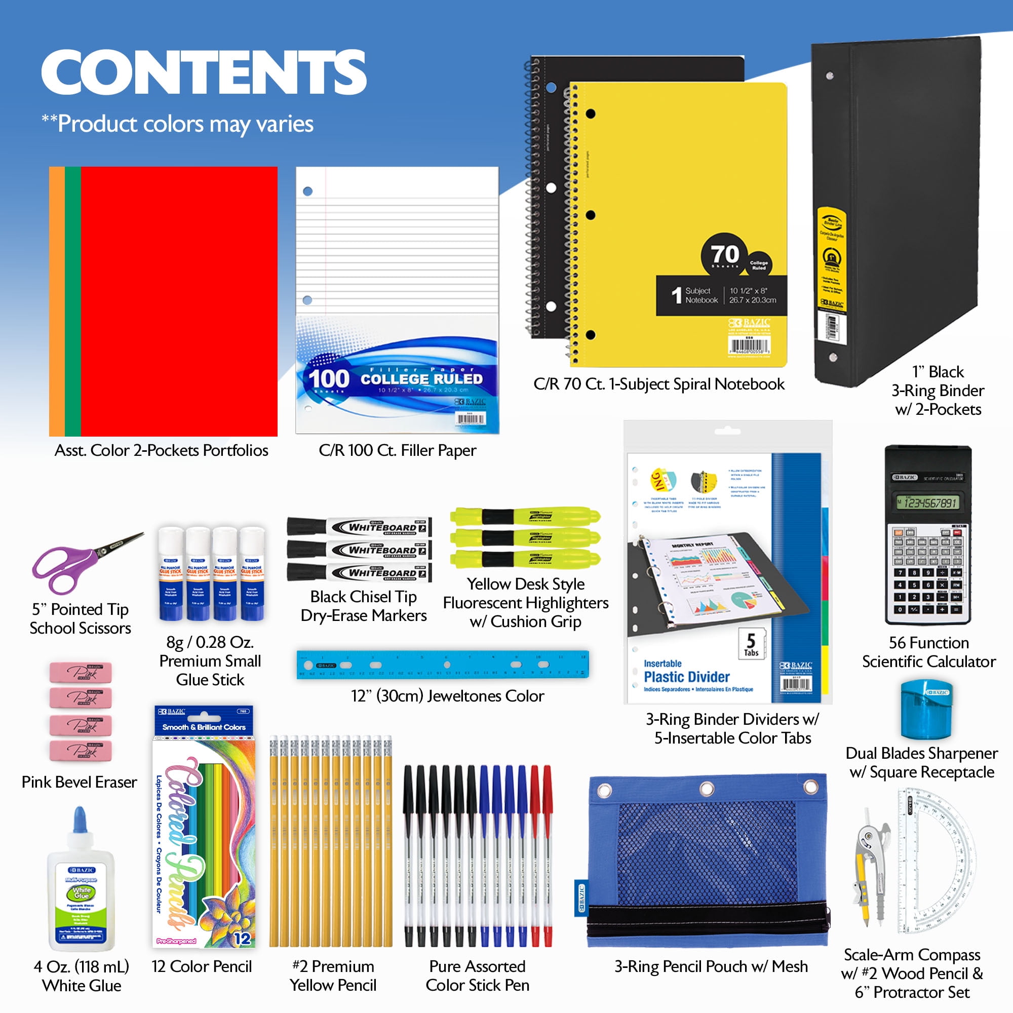 BAZIC Middle High School Kit Bundle Supplies Box 65 Count for Student 7-12 Grades, Bazic Products School Supplies Composition Books Binder and more, SPEC MAY VARY, 1-Pack