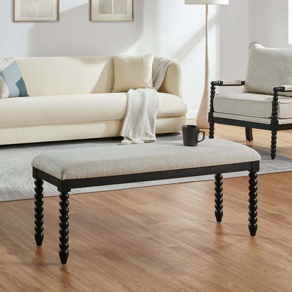 Duhome Classic Spindle-Leg Upholstered Bench with Fabric Seat,Black & Cream