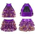 thumbnail image 5 of Rswnyirn Kids Girls Sequins Halter Tiered Crop Top with Skirt Latin Jazz Modern Salsa Samba Rumba Purple 16, 5 of 6