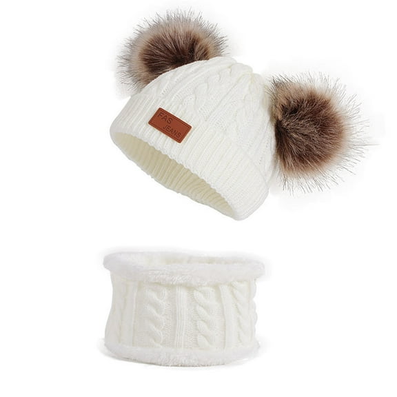 kids Winter Hat,Toddler Winter Hat Scarf Set Knitted Warm Lined Skiing Cap Pompom Beanie for Baby Girls Boys Cold Weather Outdoor Ensemble,Winter Hats for Kids,White,One Size