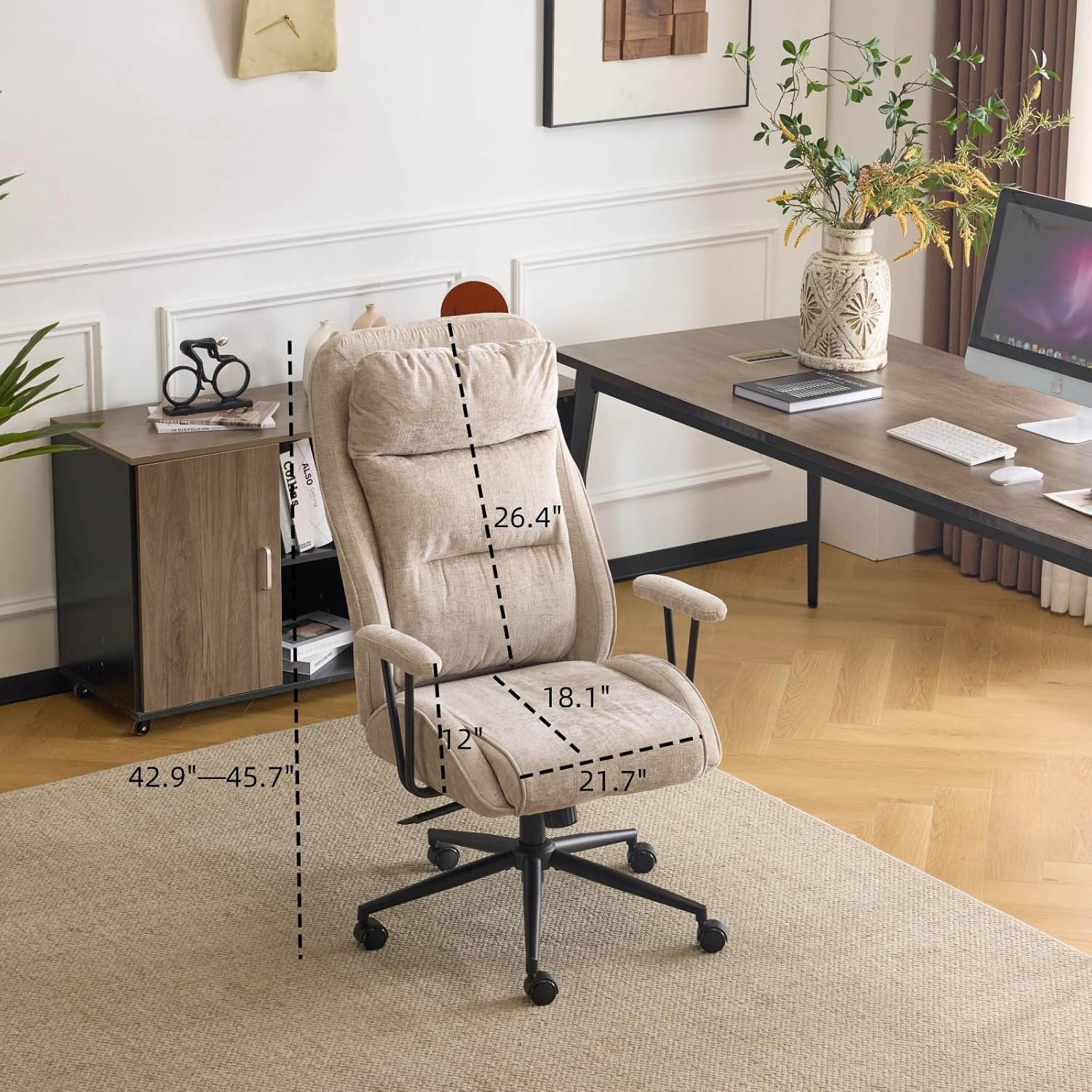VINGLI Chenille Executive Ergonomic Fabric Office Chair with 100-130° Recline, High-Back Desk Chair with Adjustable Base &Padded Back & Wheels, Comfy Chair for Gaming, Computer, Home Office,Dark Gray