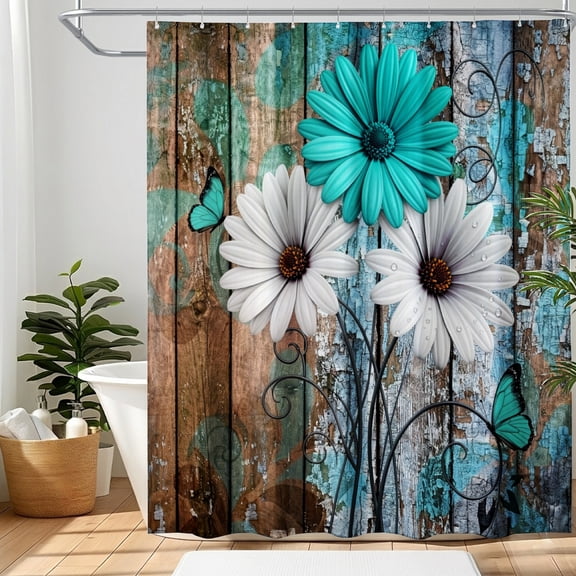 SPXUBZ Waterproof Fabric Shower Curtain with Hooks, Rustic Weathered Wood Planks, Teal White Daisy Flowers Country Barn Bathroom Decor, Washable Bath Curtain
