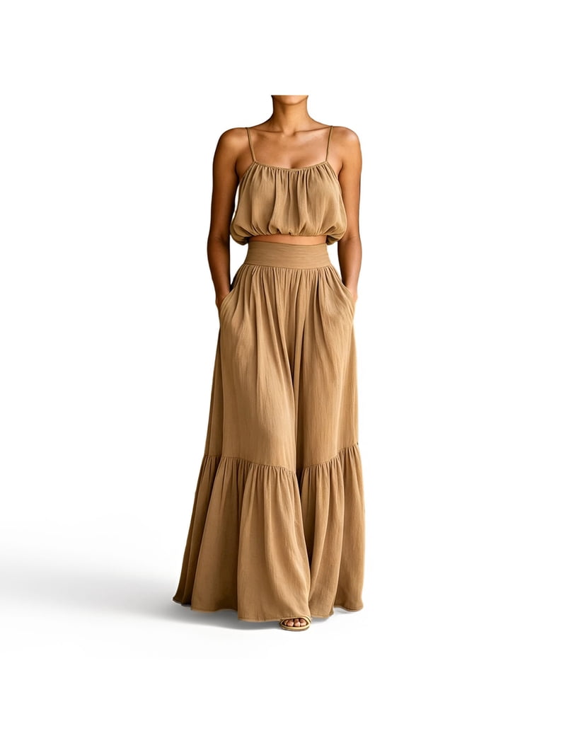 Zivyakyron High Waist Two Piece Dress Sets for Women Summer Sleeveless Maxi Womens Dresses Spaghetti Straps Plain Casual Loose Dresses, Women's, Size