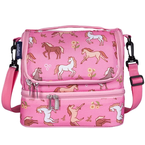Wildkin Two Compartment Insulated Reusable Kids Lunch Bag for Boys & Girls, BPA Free, Includes Shoulder Strap (Wild Horses Pink)