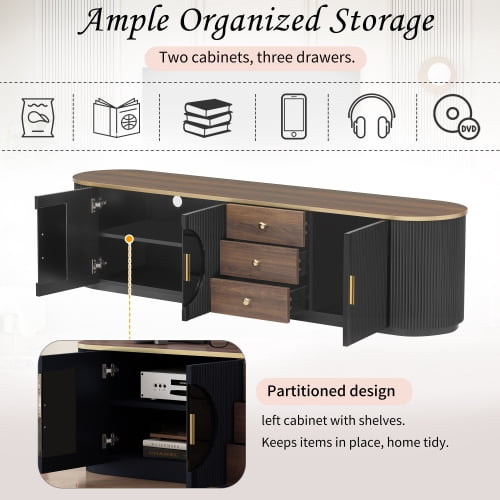 70.8 Inch Modern Minimalist TV Stand for TVs up to 80 Inches, Wood Grain Entertainment Center with 2 Glass Door Cabinets, 3 Drawers and Interior Shelf, Black