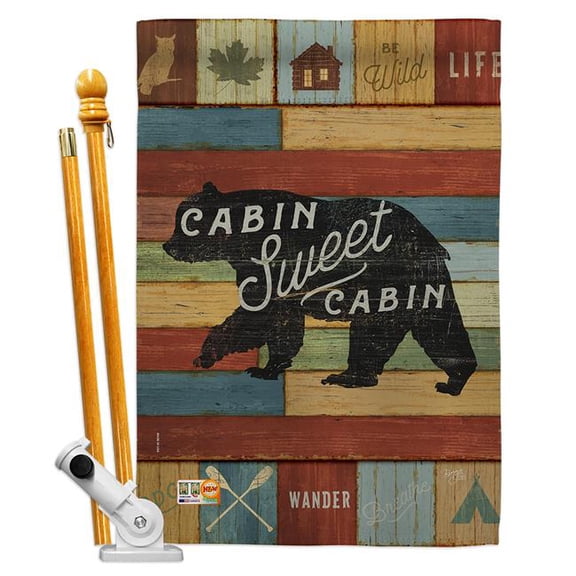 Breeze Decor BD-OU-HS-109052-IP-BO-D-US18-WA 28 x 40 in. Cabin Sweet Nature Outdoor Impressions Decorative Vertical Double Sided House Flag Set & Pole Bracket Hardware