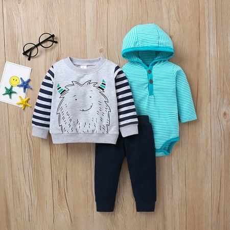 

DENGDENG Infant Baby Toddler Child Children Kids Clothes Long Sleeve Hooded Striped Bodysuit Hoodie Bodysuit Pants 3 Pieces Fall Winter Clothes Set