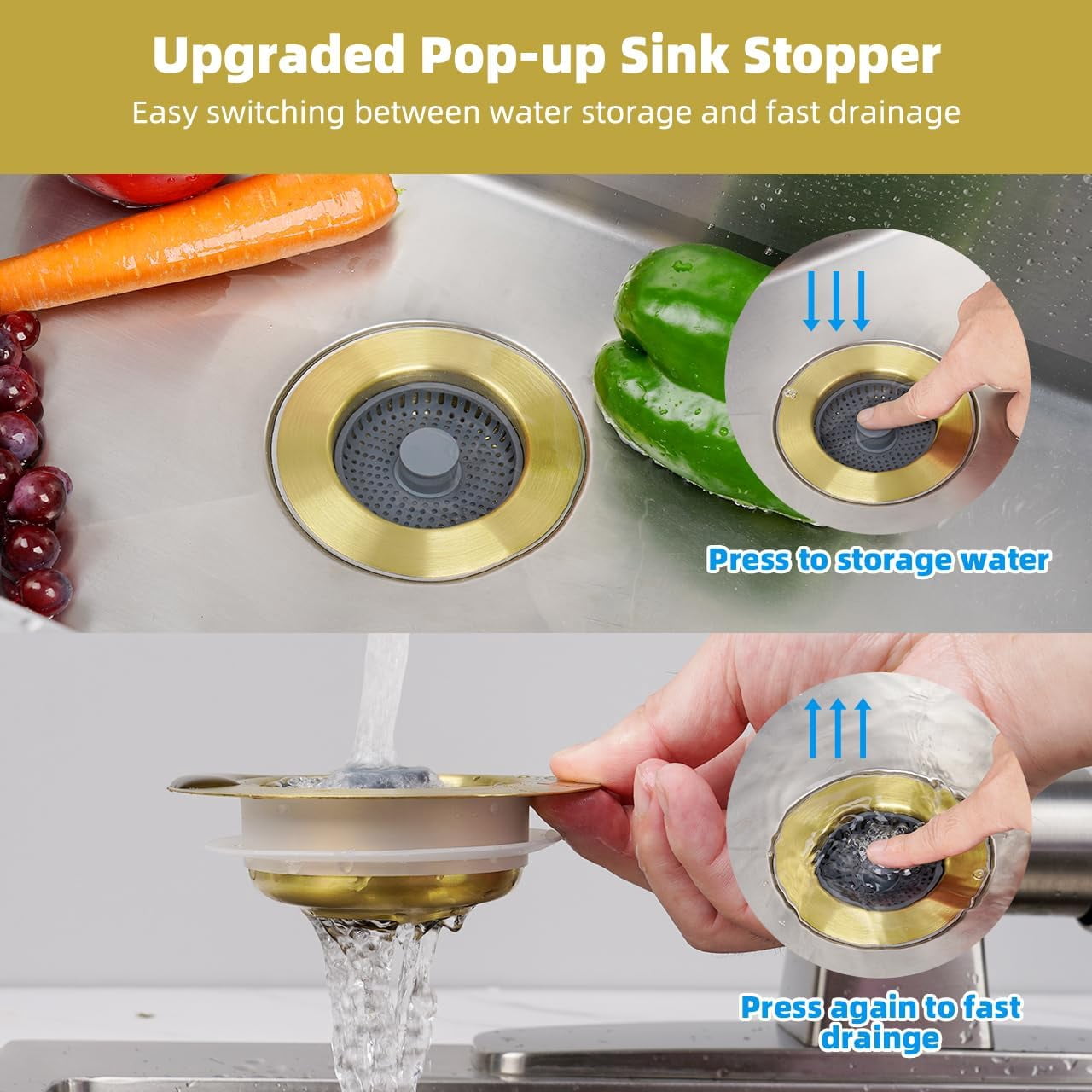 Upgraded 3 in 1 Kitchen Sink Drain Strainer and Stopper Combo, Stainless Steel Metal Pop Up Sink Stopper, 3 Anti-Clogging Basket Strainers for US Standard 3-1/2 Inch Drain, Brushed Gold