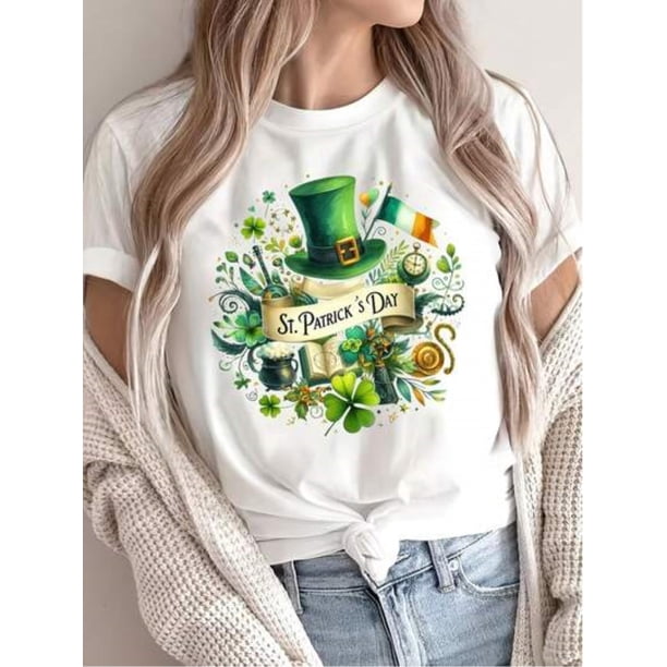 Women's "Happy St. Patrick's Day" White T-Shirt - Comfortable, Fashionable Casual Wear With Green Clover And Leprechaun Hat Design, Short Sleeve Round Neck Top, Seasonal Top|Comfortable Fit, Ladies T