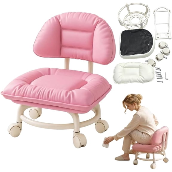 Rolling Low Stool with Backrest, Low Stool with Wheels,Pink | Rolling Backrest Chair for Cleaning, Padded Seat & Silent Casters, For Workshops, Garages, Studios, Home