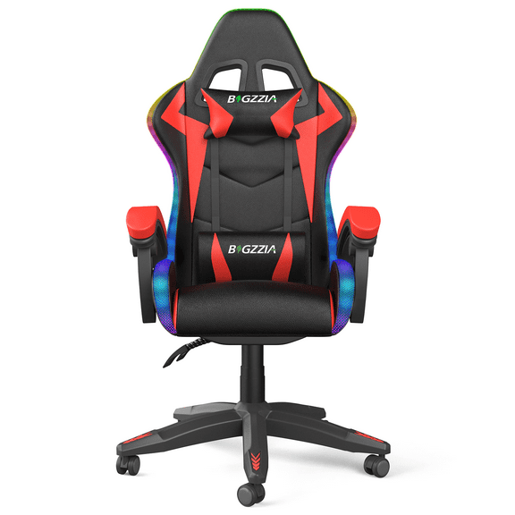 Bigzzia Gaming Chair with LED Lights,Ergonomic Office Computer Chair with Headrest Support, PU Leather, Height Adjustable, 360° Swivel, Suitable for Adults and Kids, Red