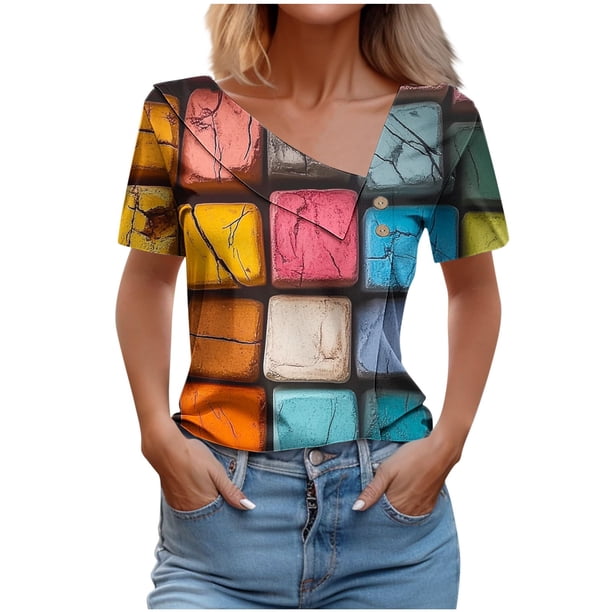 Top de Verano de las Mujeres, Cuello en V Moda Casual de Manga Corta Blusa, Primavera Y Verano Ligero Top