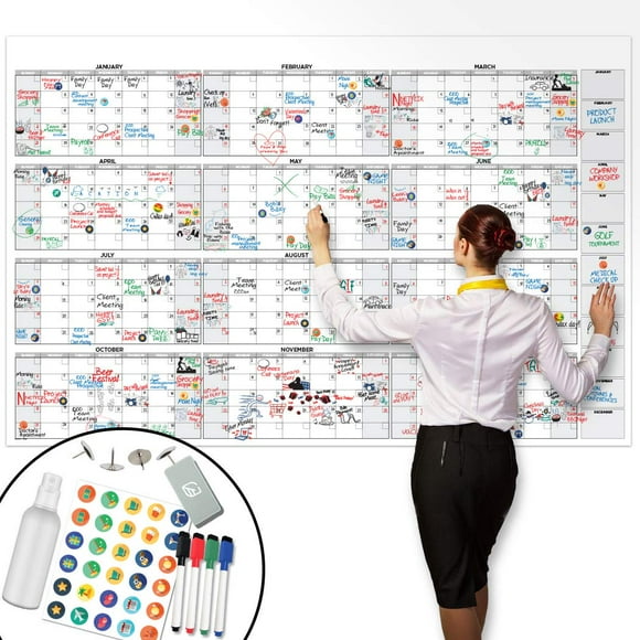 Grand Calendrier Mural Effaçable à Sec - 38 Pouces x 58 Pouces - Calendrier Annuel Non Daté 2022 Réutilisable - Affiche Géante Tableau Blanc - Calendrier Géant de Bureau Laminé 12 Mois