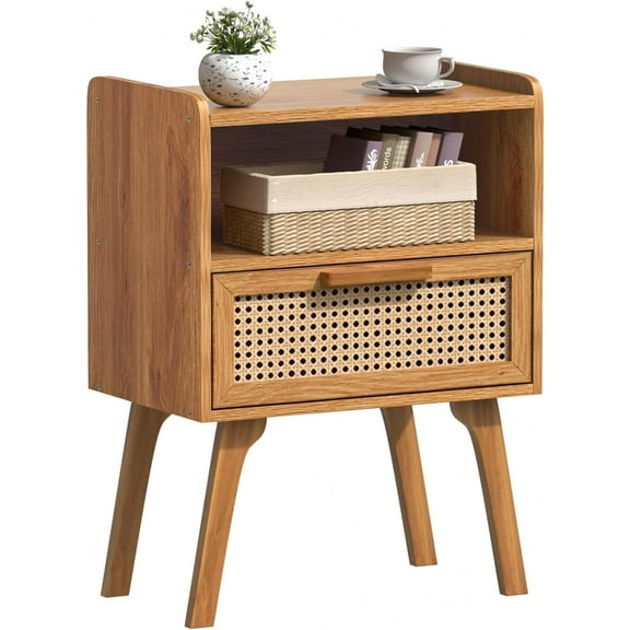 Rattan Nightstand, Side Table with Drawer Open Shelf, Cane Accent Bedside End Table with Solid Wood Legs, Mid Century Modern Night Stand for Bedroom, Dorm and Small Spaces (Tea Brown)