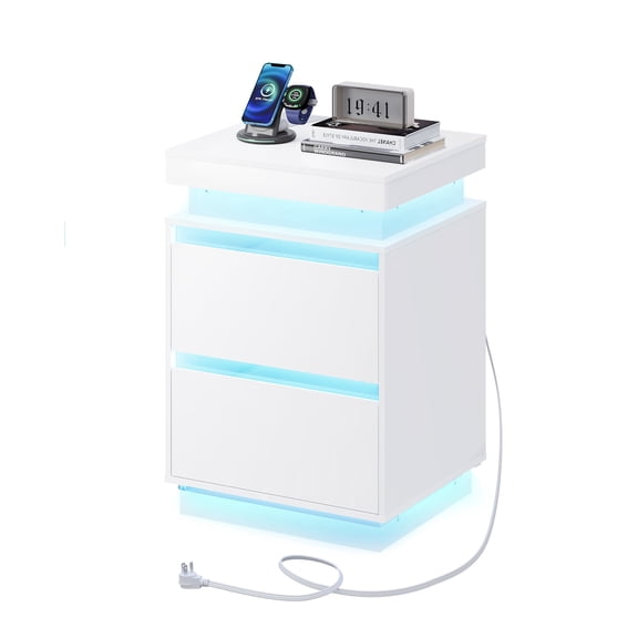 GALAXHERO White Nightstand with Charging Station and LED Lights, Modern 2 Drawers Bedside Table with Sliding Top, End Side Table for Bedroom, Living Room
