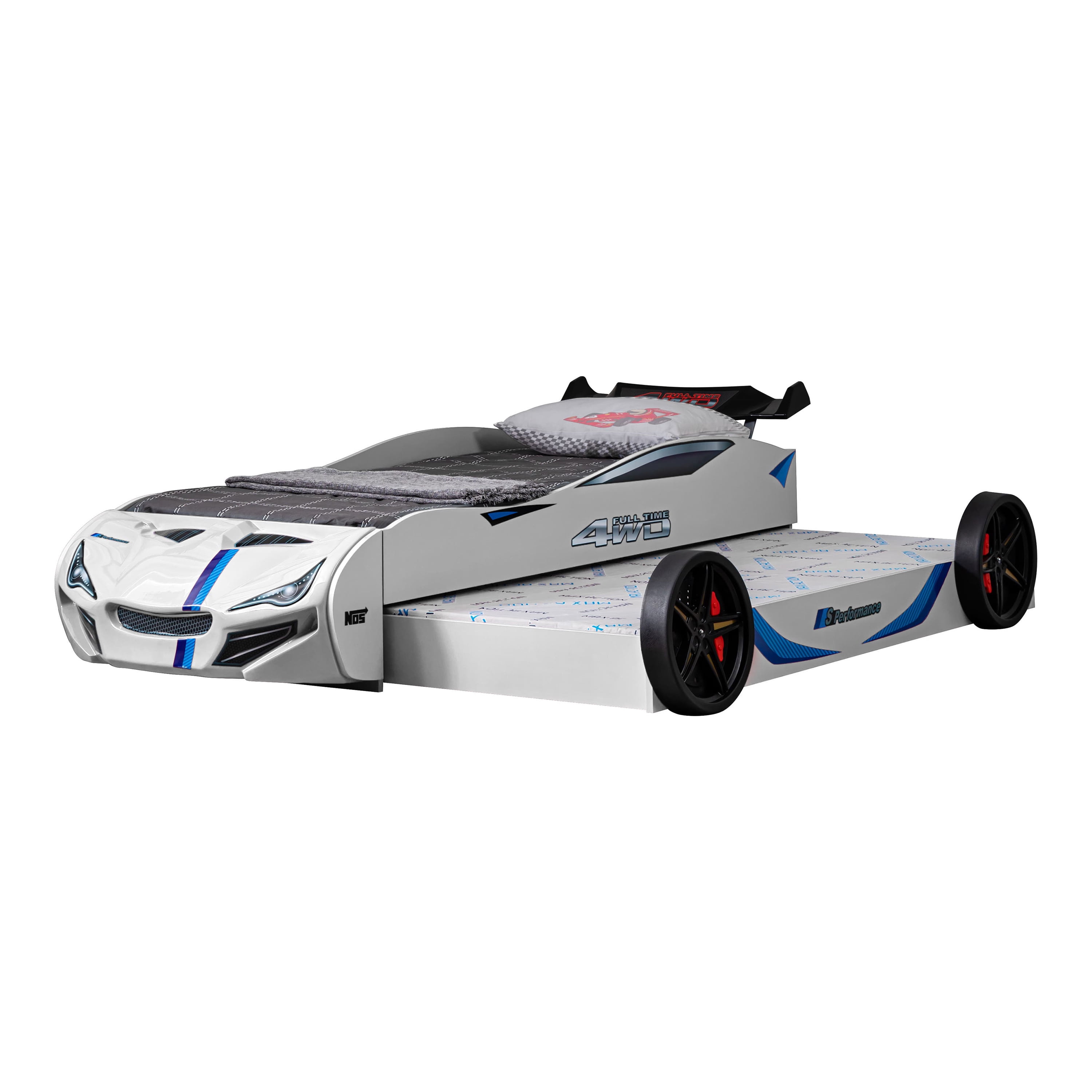 Furniture of America Speeds Kids Twin Platform ABS Plastic Race Car Bed with Trundle, White