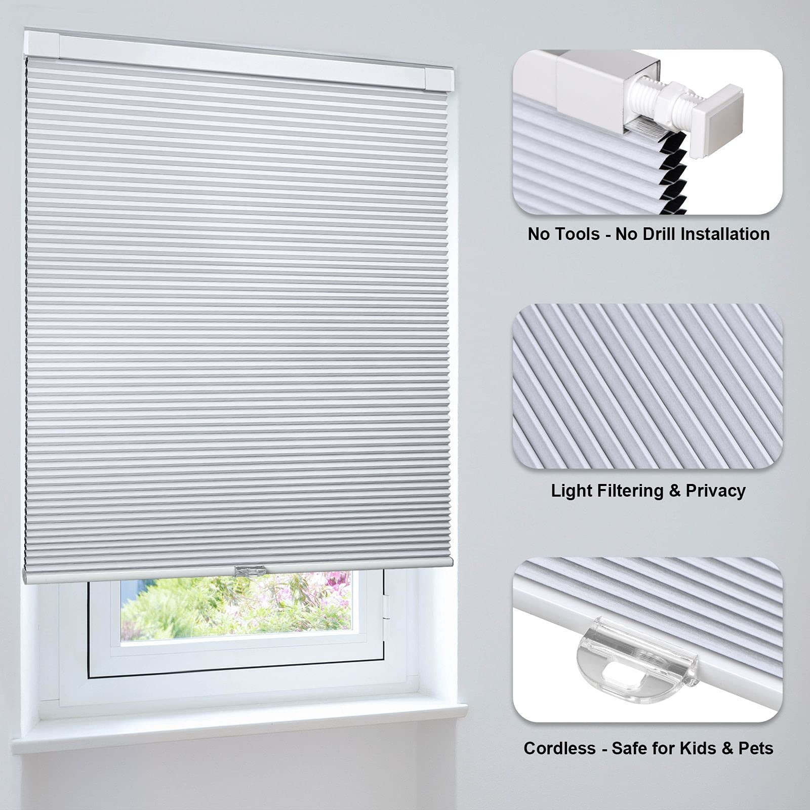 LazBlinds Cordless Cellular Shades, No Tools No Drill Blackout Honeycomb Shades Pleated Blinds for Windows, 35" W x 64" H , Silver White
