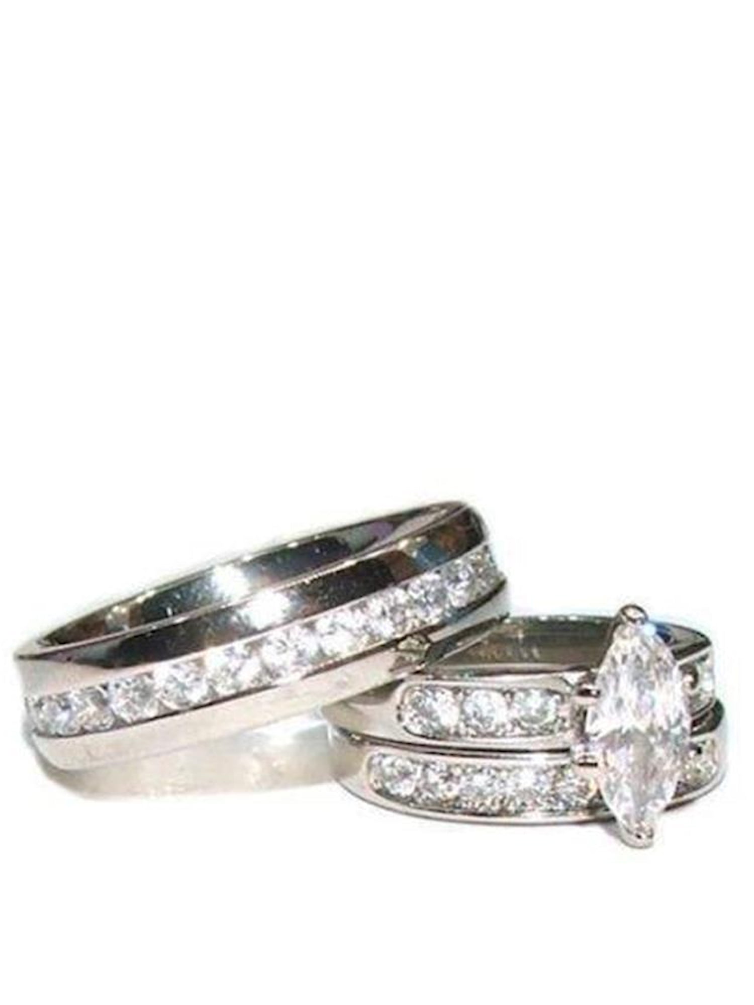 His & Hers Stainless Steel Round CZ  Engagement Weding 3 Ring Band Guard Set 