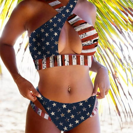 IDALL Bikini Sets for Women Bathing Suit Womens Bikini Sexy Women Print Bikini Set Push Up Padded Bra Swimsuit Bathing Swimwear Swim Suits for Women 2025 4Th Of July Outfits Dark Blue S