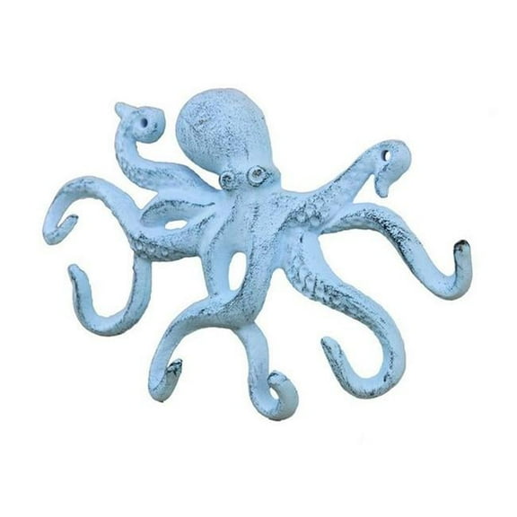 Handcrafted Decor K-0942-blue Rustic Dark Blue Whitewashed Cast Iron Octopus Hook- 11 in.