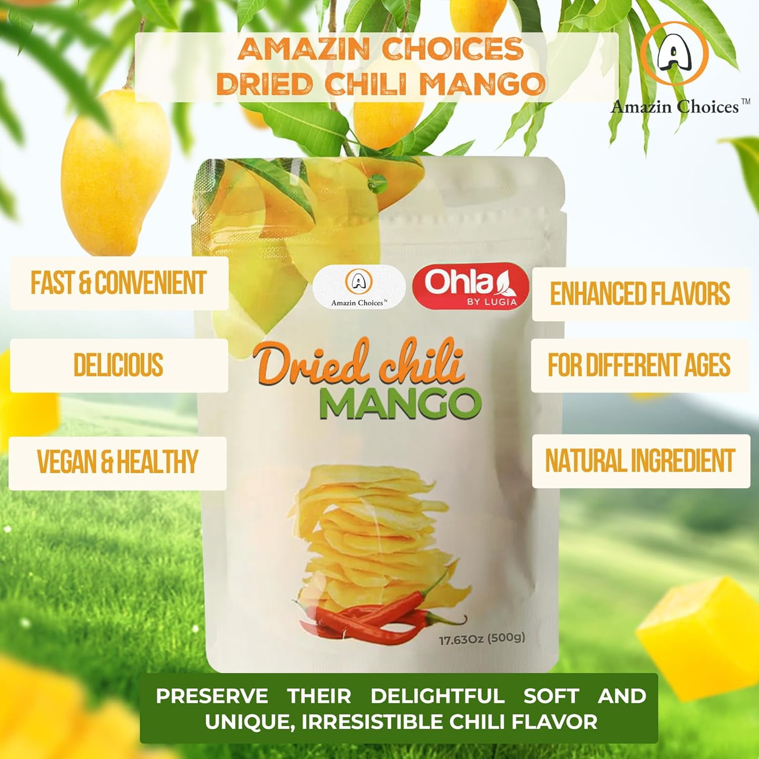 (3 pack) Amazin Choices Soft Dried Chili Mango Slices, Gluten Free, Vegan, 17.64 oz
