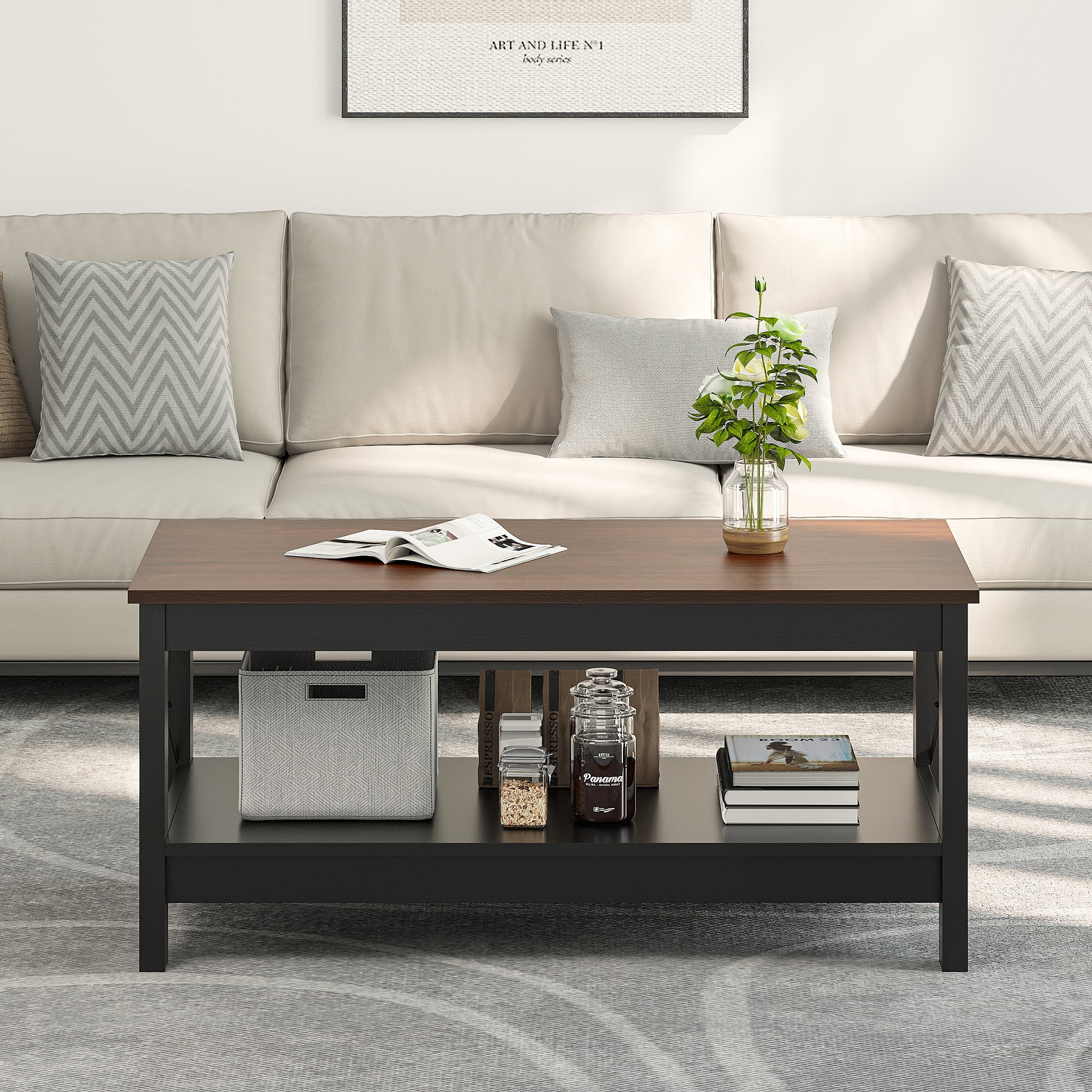 Dextrus Farmhouse Wood Coffee Table with Storage Shelf, Brown