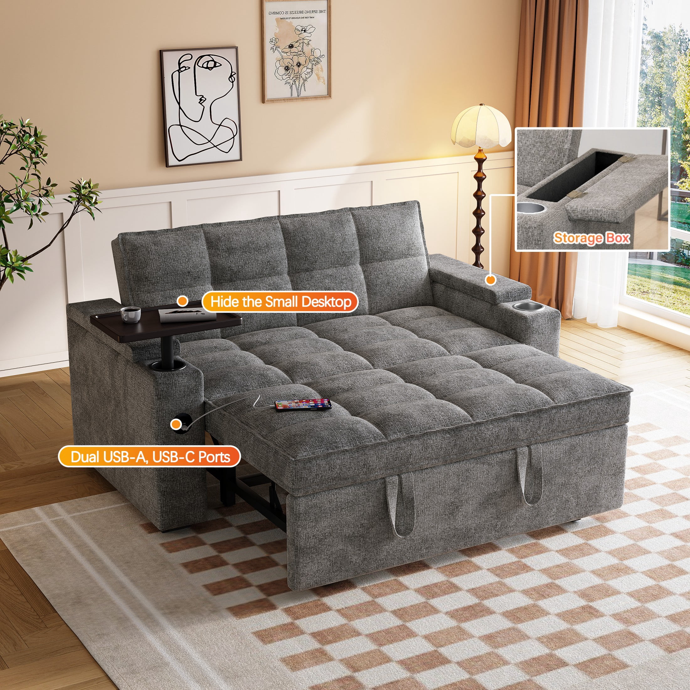 3-in-1 Sleeper Sofa,65" Loveseat Sofa Bed, 2 Seater Convertible Small Couch with 360° Swivel Side Table and USB,Chenille Pull Out Bed ,Gray