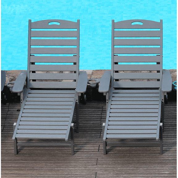 YIYADO HDPE Outdoor Chaise Lounge Chair, 4-Position Adjustable Backrest, Pool Lounge Chair with Wheels & Cup Holder, 360 LBS Weight Capacity, Grey for Patio Poolside Deck Beach Backyard